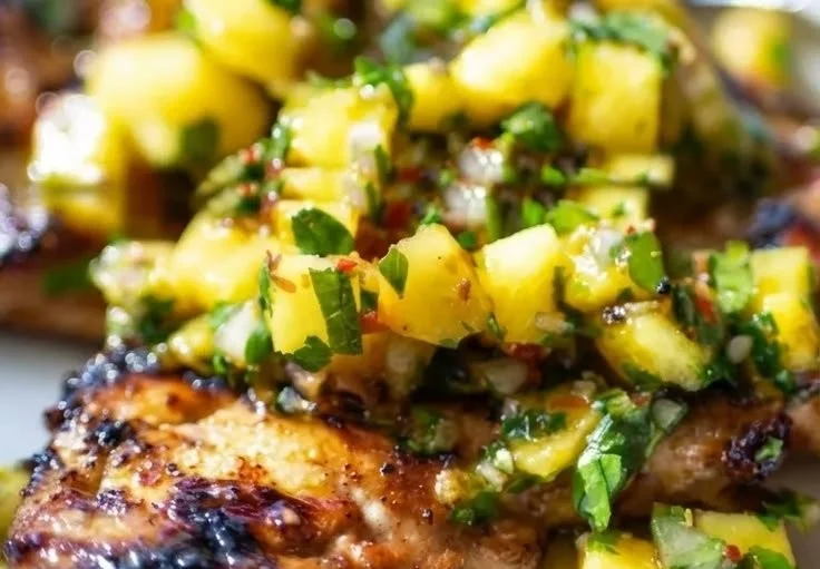 Delicious Pineapple Salsa Chicken served with fresh garnishes