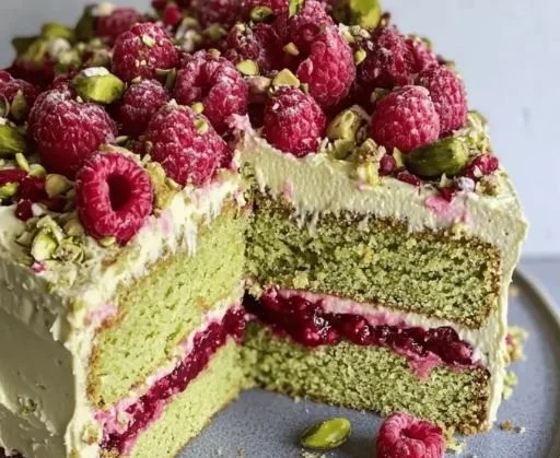 Slice of Pistachio Raspberry Cake with fresh raspberries and pistachios