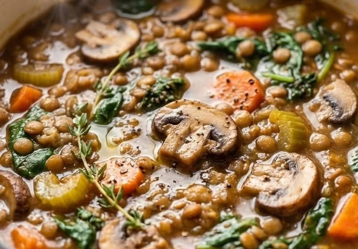 Delicious plant-based lentil stew in a bowl with fresh herbs on top.