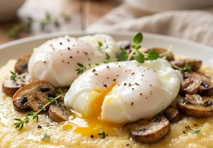 Poached eggs on creamy polenta with garlic mushrooms garnished on a plate
