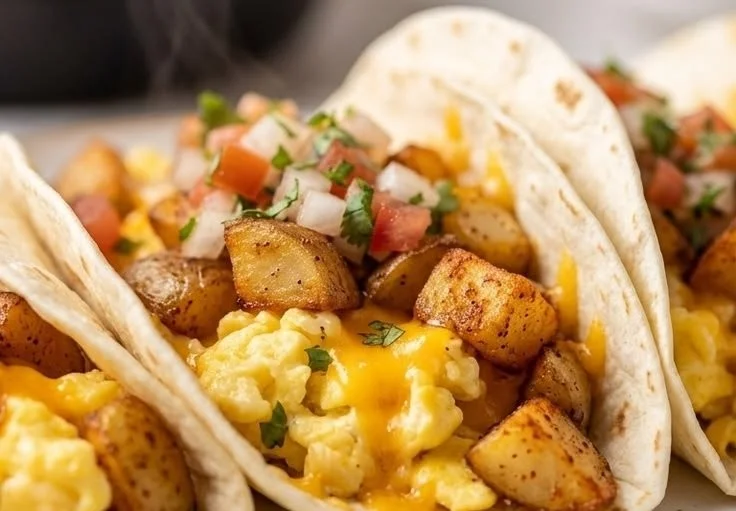 Delicious potato egg and cheese breakfast tacos served on a plate
