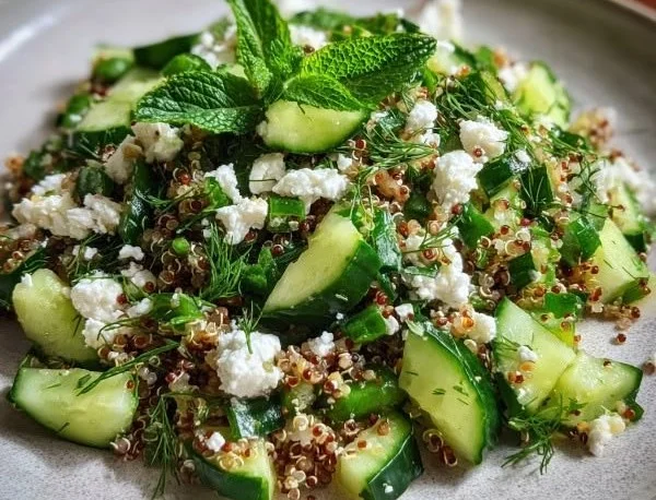 Fresh quinoa cucumber salad with feta, dill, and mint served in a bowl.