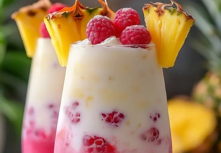 Refreshing Raspberry Colada Twist cocktail with raspberries and coconut.