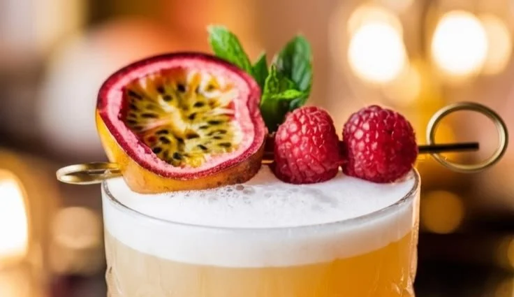 Raspberry Passionfruit Tequila Sour cocktail in a glass with fresh fruits
