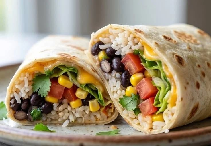 Delicious homemade rice and bean burritos served on a plate