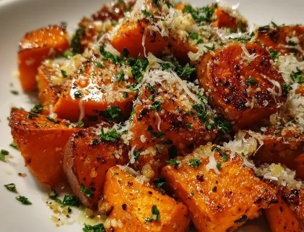 Roasted sweet potatoes garnished with garlic and parmesan cheese