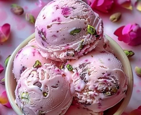 Delicious homemade Rose Pistachio Ice Cream in a colorful bowl