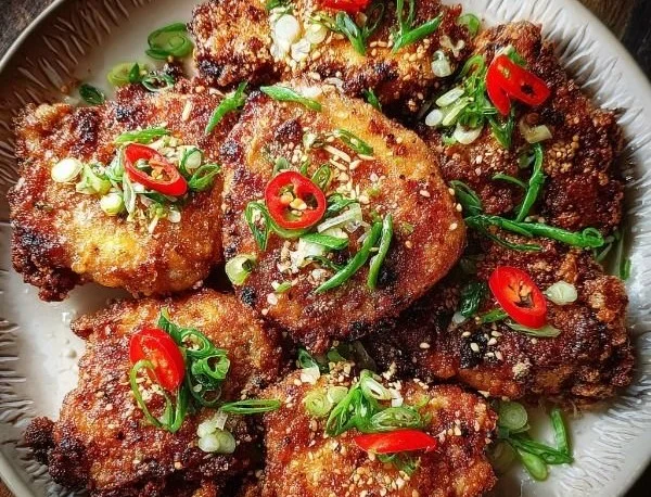 Plate of delicious salt and pepper crispy chicken garnished with herbs