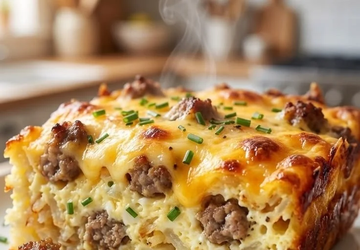 Sausage Egg Casserole with hashbrowns and cream cheese, baked to perfection