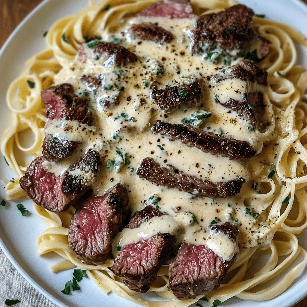 Savory Steak Gorgonzola Alfredo with Creamy Parmesan Sauce dish