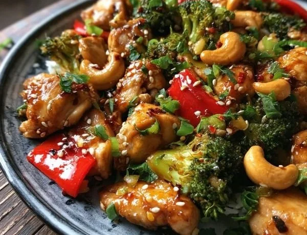 Sheet Pan Cashew Chicken with colorful veggies on a baking tray