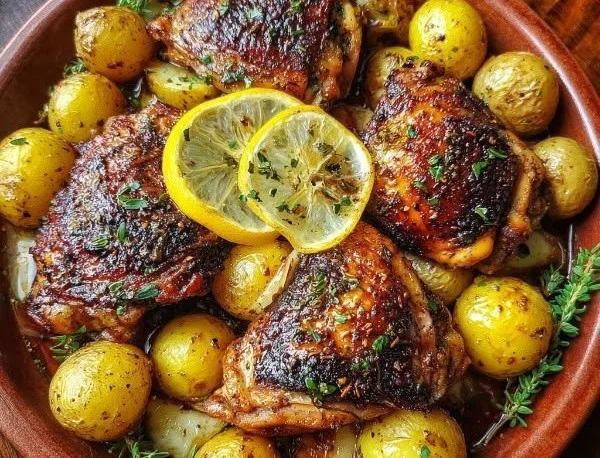 Sheet pan lemon balsamic chicken with roasted potatoes and herbs
