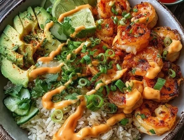 Delicious shrimp rice bowl garnished with fresh vegetables