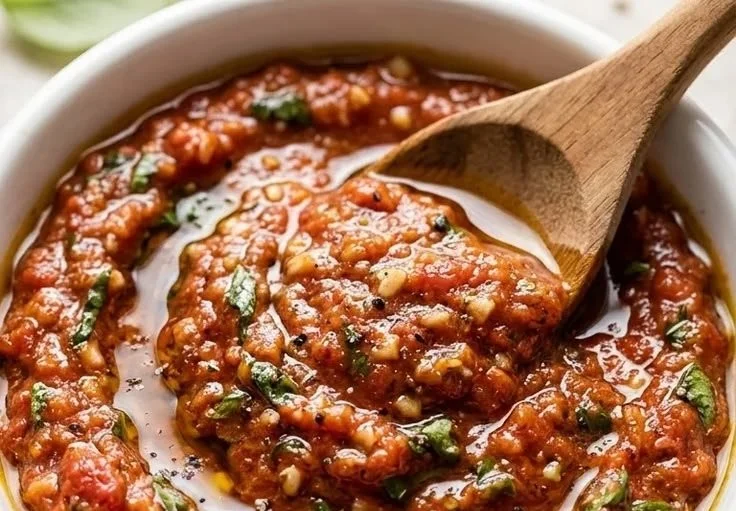 A vibrant bowl of Sicilian Tomato Pesto served with pasta and garnished with basil.