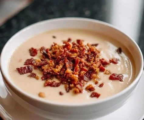 Delicious bowl of silky bean soup topped with herbs and spices