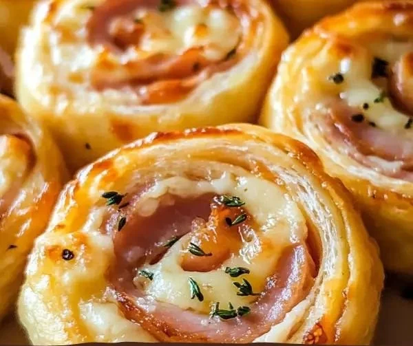 Delicious homemade ham and cheese pinwheels on a platter