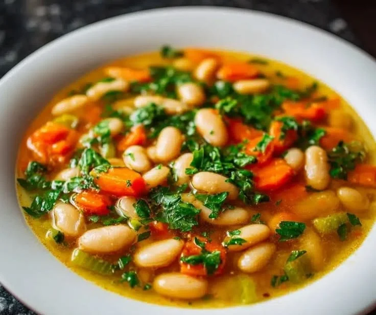 A bowl of creamy white bean soup garnished with herbs and served warm.
