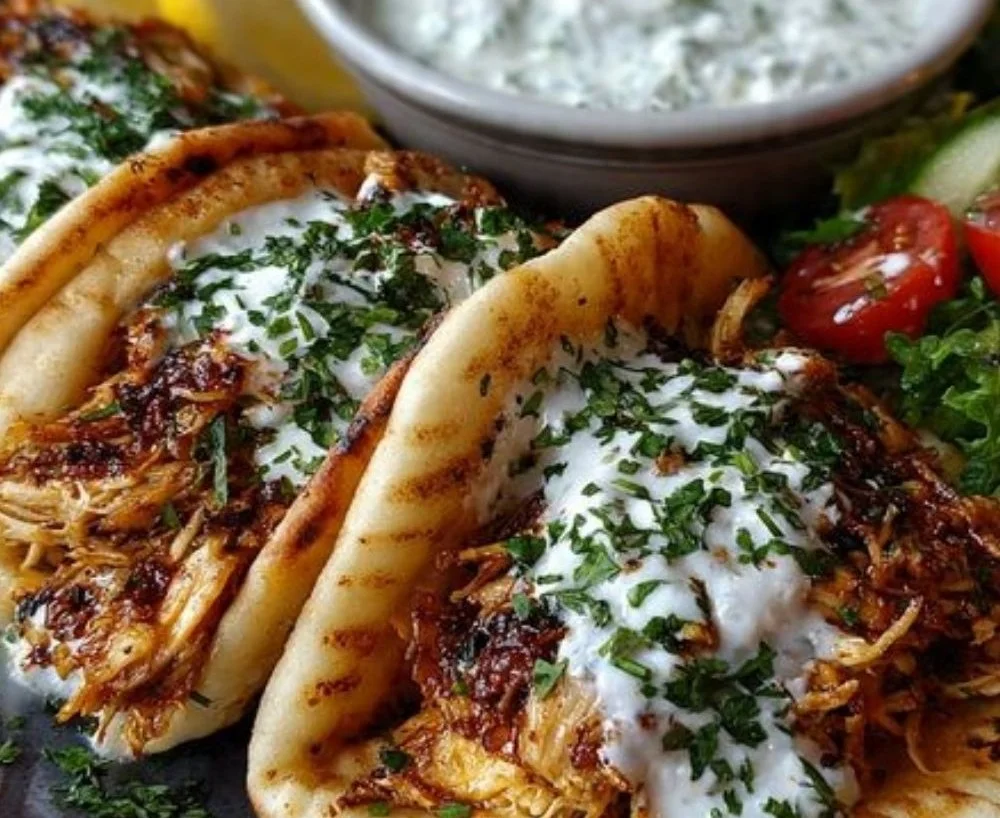 Delicious slow cooker chicken gyros served with fresh toppings and pita bread.