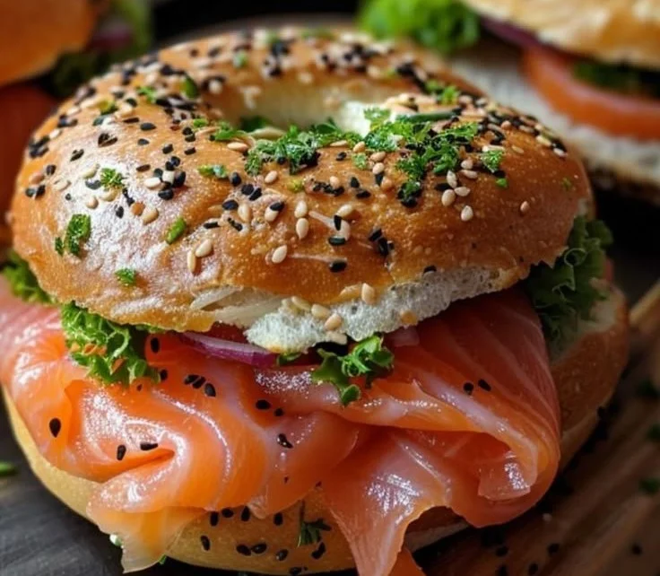 Smoked salmon bagel topped with cream cheese and capers.