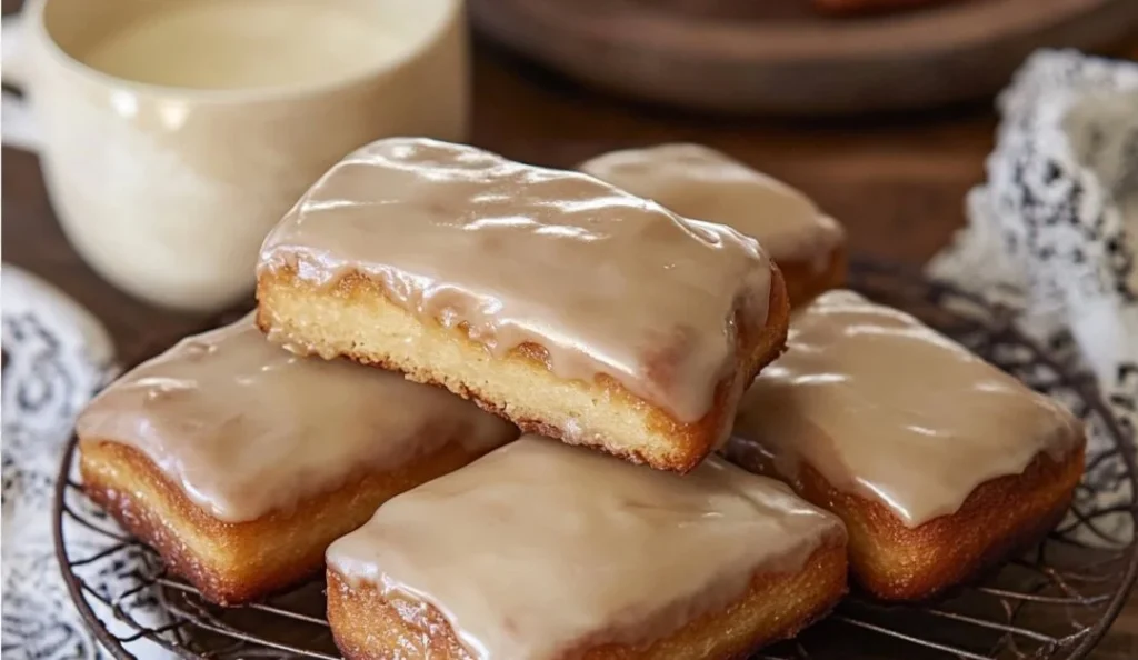 Soft baked maple donut bars drizzled with maple glaze on a wooden table