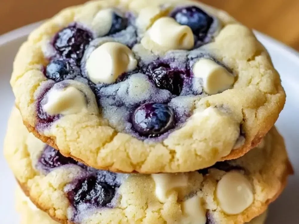 Soft blueberry cheesecake cookies fresh from the oven with blueberries on top.
