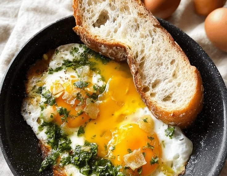 Spanish-style garlic eggs served on a plate with herbs
