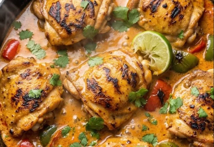 Delicious Spicy Coconut Chicken on a plate with fresh herbs and spices