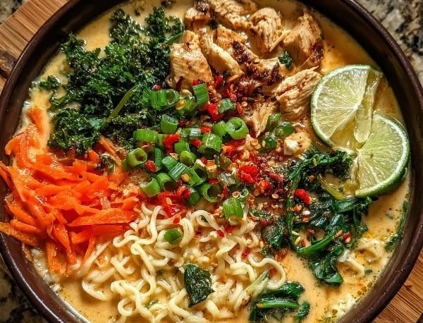 Bowl of spicy creamy chicken ramen soup with fresh ingredients and herbs
