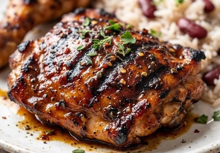Delicious plate of spicy jerk chicken served with rice and vegetables