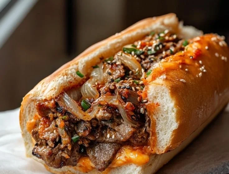 Spicy kimchi bulgogi cheesesteak topped with melted cheese and fresh ingredients.
