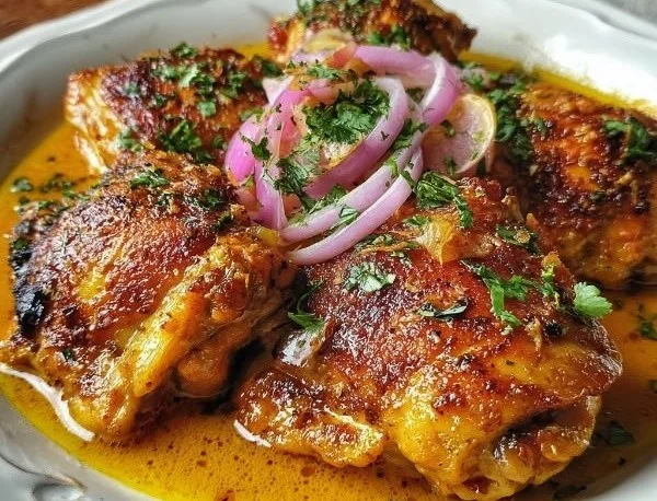 Delicious Spicy Yellow Peruvian Chicken served with vibrant sides