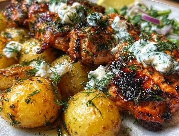 Spicy yogurt marinated chicken with dill feta cream and crispy baby potatoes