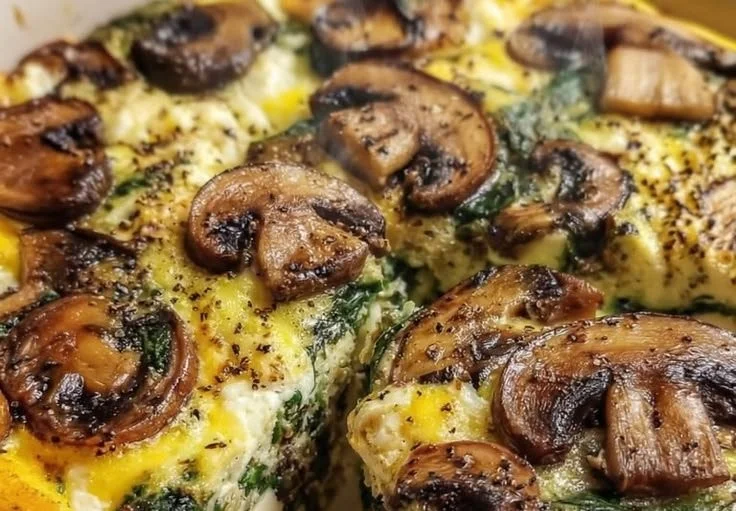 Spinach Mushroom Breakfast Casserole baked until golden and fluffy.