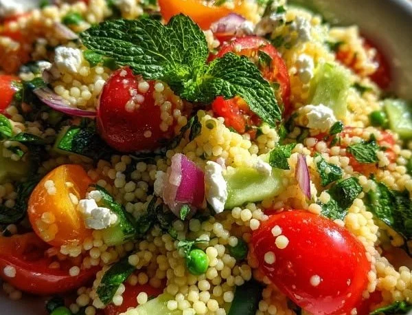Spring Couscous Salad with fresh vegetables and herbs in a bowl