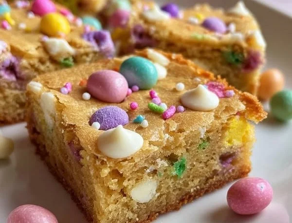 Delicious Spring Funfetti Blondies topped with colorful sprinkles