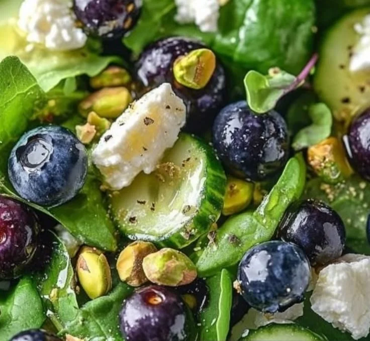 Delicious spring salad featuring fresh blueberries and crunchy pistachios