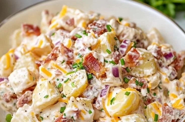 Creamy steakhouse potato salad served in a bowl, garnished with herbs.