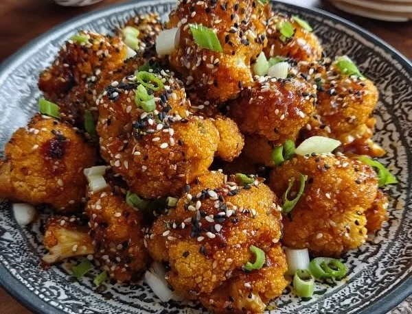Gluten-free vegan sticky sesame cauliflower dish with vibrant garnish