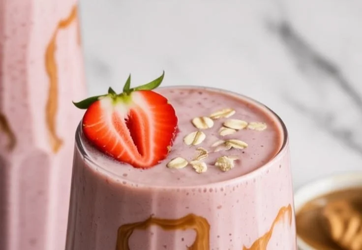 Delicious strawberry almond butter smoothie in a glass with fresh strawberries