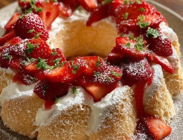 Slice of Strawberry Angel Food Cake topped with fresh strawberries and whipped cream