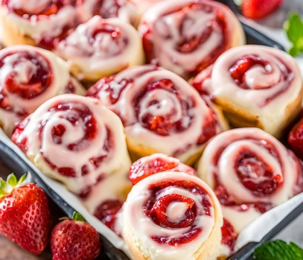 Delicious Strawberry Cheesecake Cinnabon Rolls topped with creamy frosting