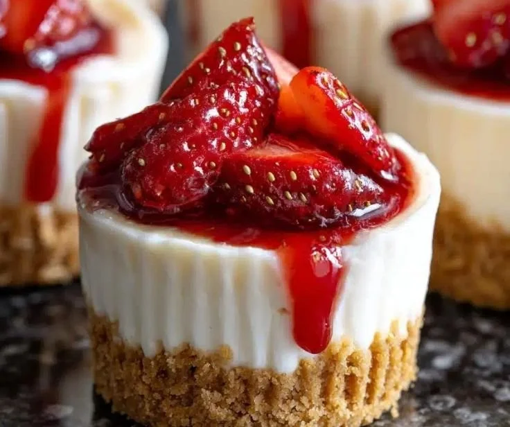 Delicious strawberry cheesecake cup desserts presented beautifully in individual servings.