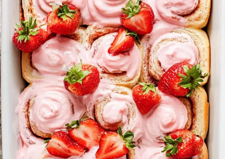 Freshly baked strawberry cinnamon rolls topped with icing and strawberries
