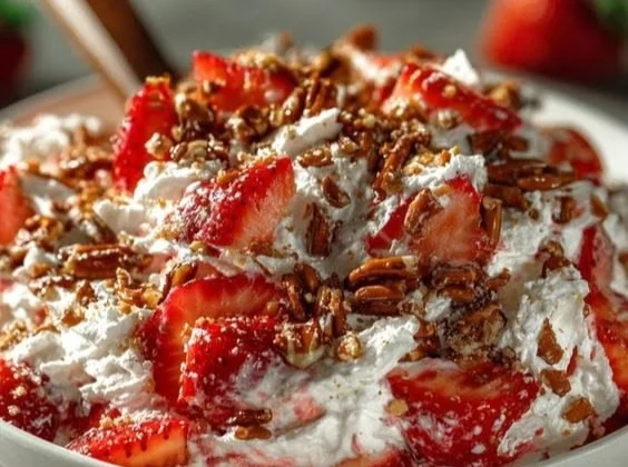 Delicious Strawberry Crackle Salad with vibrant strawberries and crunchy toppings