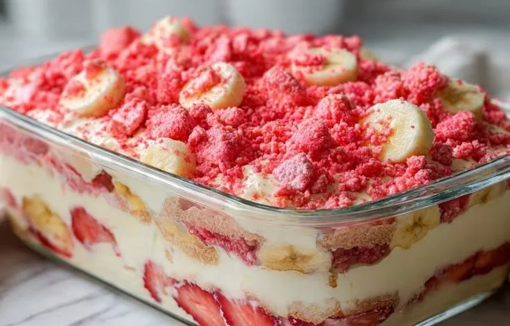 Delicious Strawberry Crunch Banana Pudding topped with strawberry crumbs