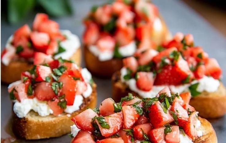 Delicious Strawberry Ricotta Bruschetta served on crispy toast