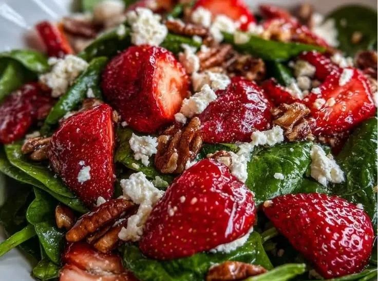 Fresh Strawberry Spinach Salad with Feta and Pecans on a white plate