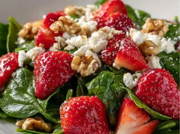 Strawberry Spinach Salad topped with Goat Cheese and nuts, fresh ingredients