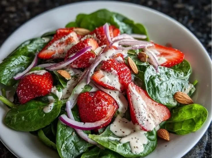 Strawberry spinach salad with poppy seed dressing in a bowl