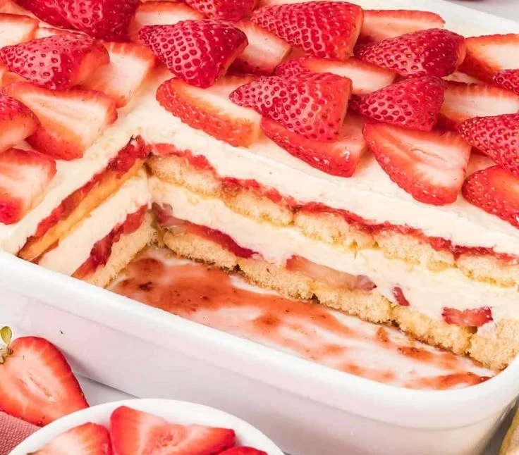 Delicious Strawberry Tiramisu dessert with fresh strawberries and creamy layers